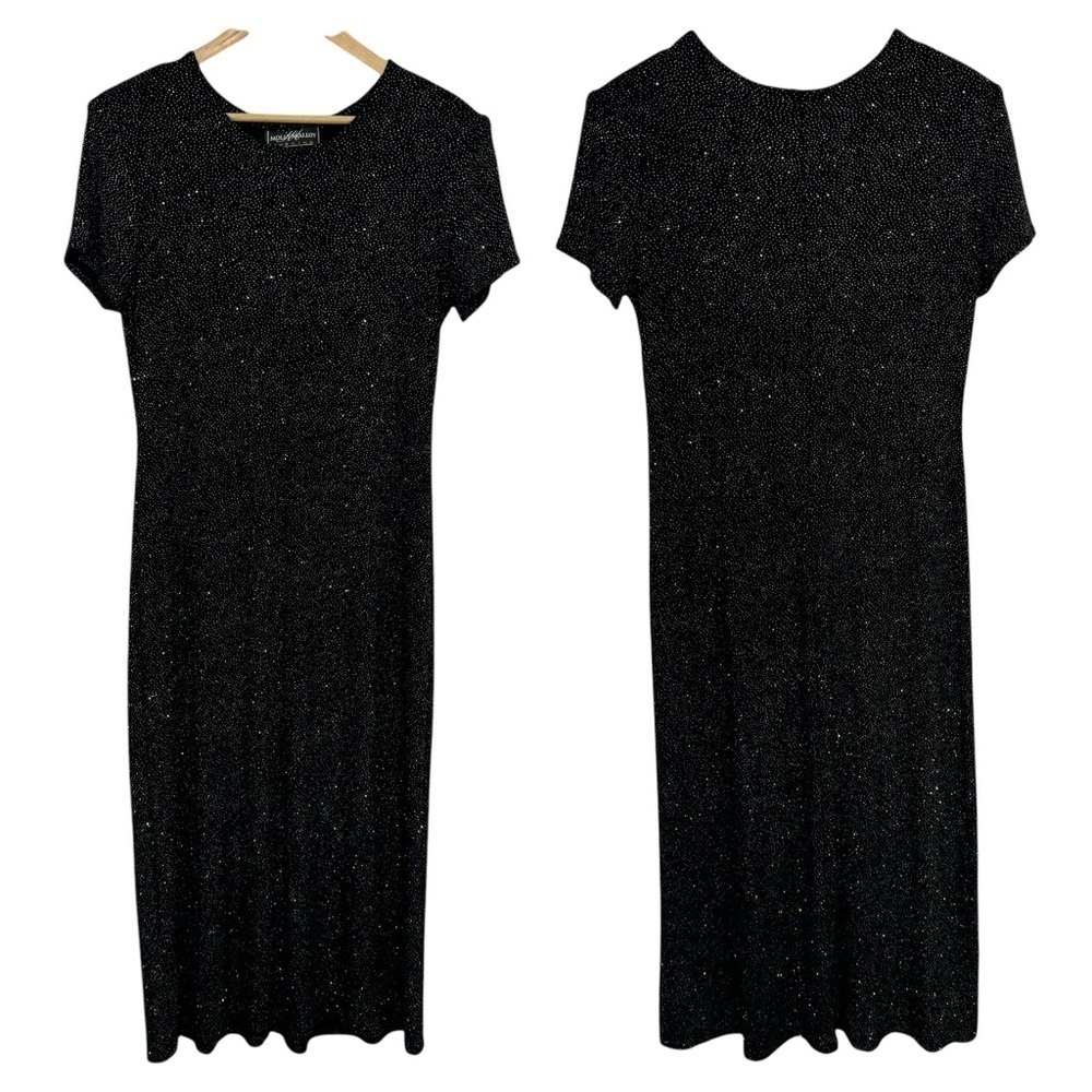 Vintage Molly Malloy Stretch Maxi Dress Sz 10 Black Rainbow Sparkle Party EUC